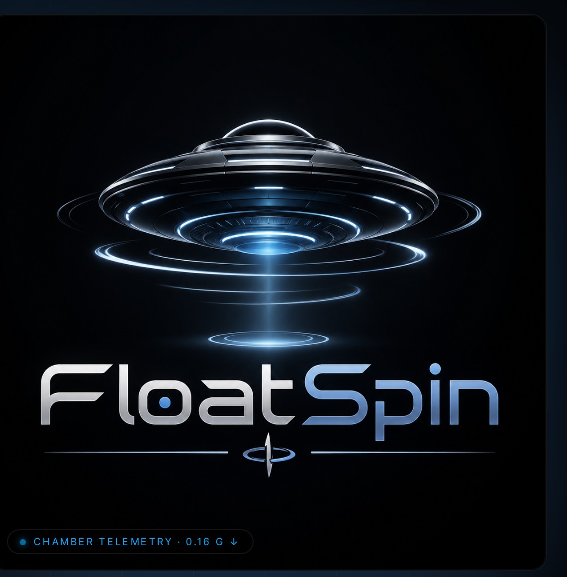 FloatSpin — Moonbase test chamber. A stylised craft hovers over concentric gravity rings above the FloatSpin wordmark.
